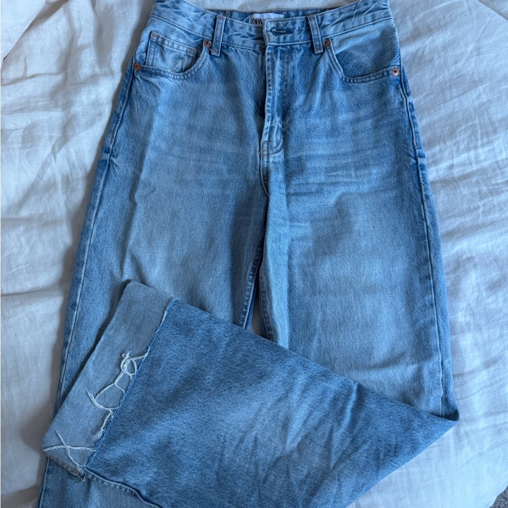 Zara Blue Straight-Leg Jeans with Distressed Details